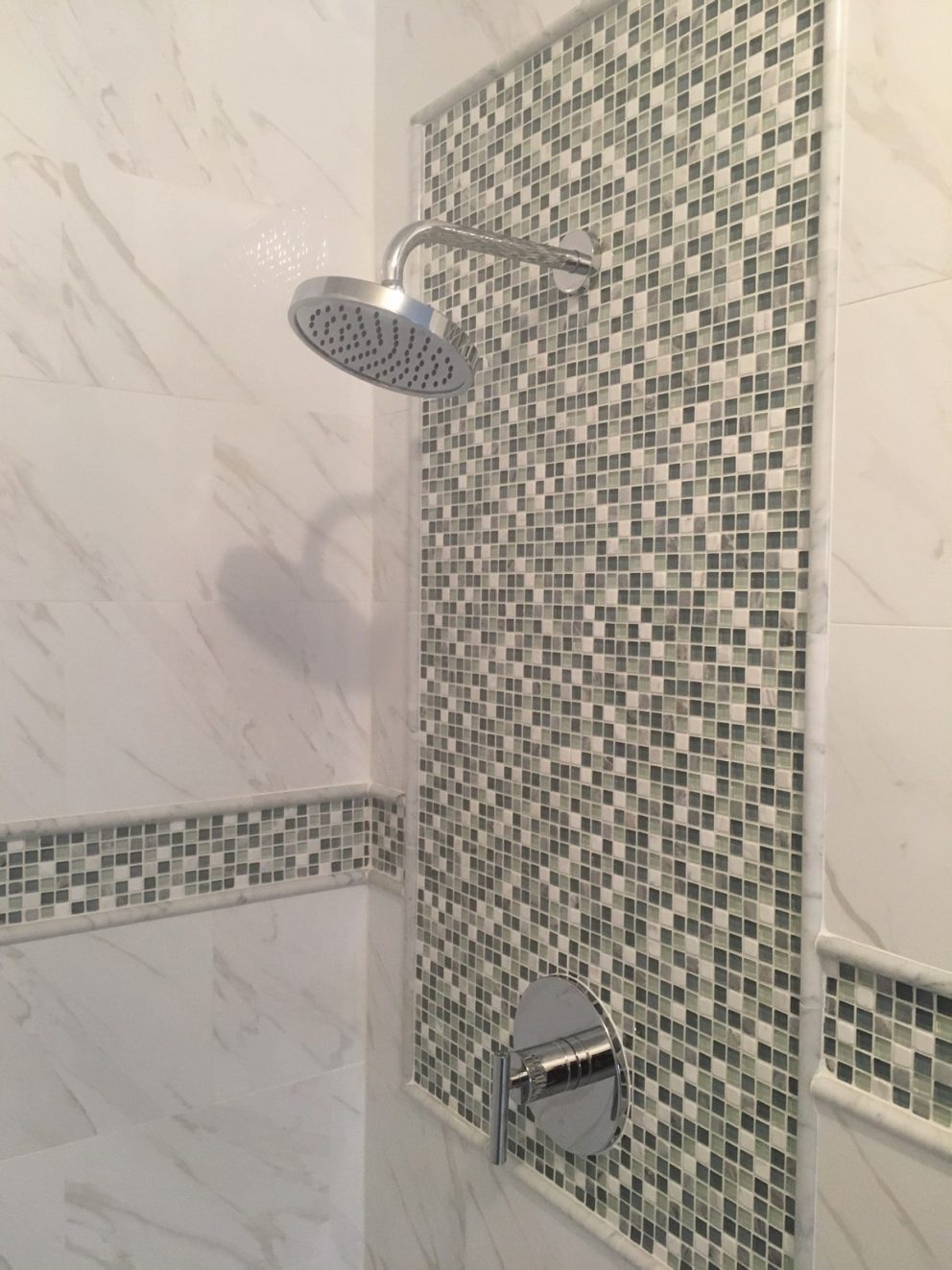 Master bath shower with accent tiling and stainless steel hardware